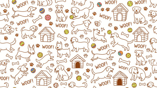 Playful dogs and doghouses pattern featuring bones, paws, and wagging tails in a cozy, illustrated scene.