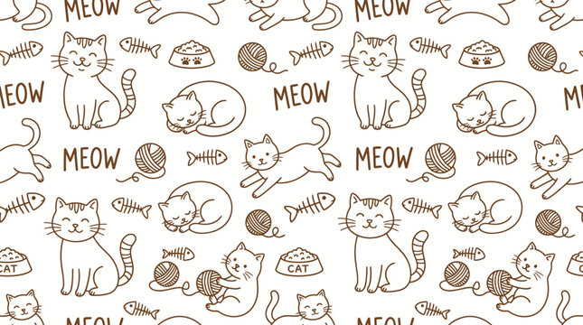 Playful Cat Pattern with Meow Text Seamless Design for Fabrics and Graphics.