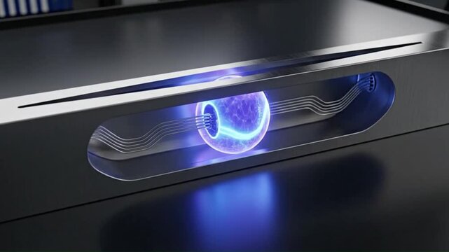 Futuristic technology concept with glowing energy sphere inside a sleek metallic device showcasing intricate circuitry and vibrant blue and purple light effects