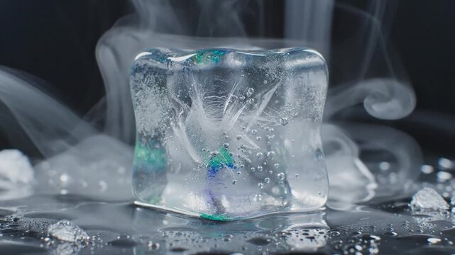 Close-up of ice cubes with misty vapor and blue glow.