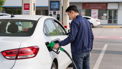 ​Man refuels white sedan at station. ​Green fuel nozzle held by driver. ​Person stands by white car refueling. ​Gas station stop for car fuel. ​Refilling vehicle tank with gasoline nozzle. © Jakub