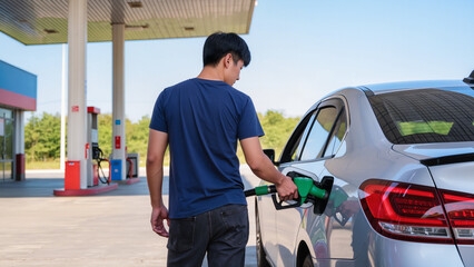 Man refuels silver sedan at station. ​Fuel pump nozzle inserted in car. ​Person stands by silver car refueling. ​Gas station stop for car fuel. ​Refilling vehicle tank with gasoline nozzle. © Jakub