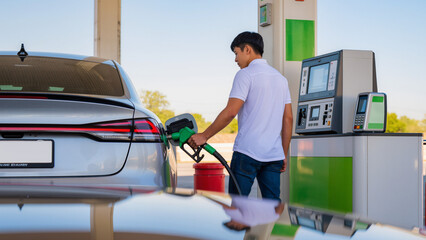 Man refueling silver sedan with nozzle. ​Green fuel handle in car tank. ​Person stands by modern gas pump. ​Digital interface on fuel service machine. ​Close-up of silver car's sleek taillight. © Jakub