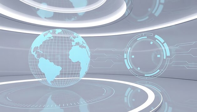Glowing blue digital globe and circular hud interface in a minimalist grey virtual studio room