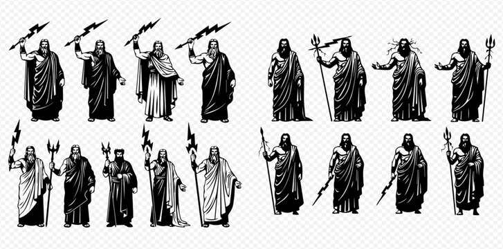 Set of ancient Greek gods and mythological figures, black and white illustrations.