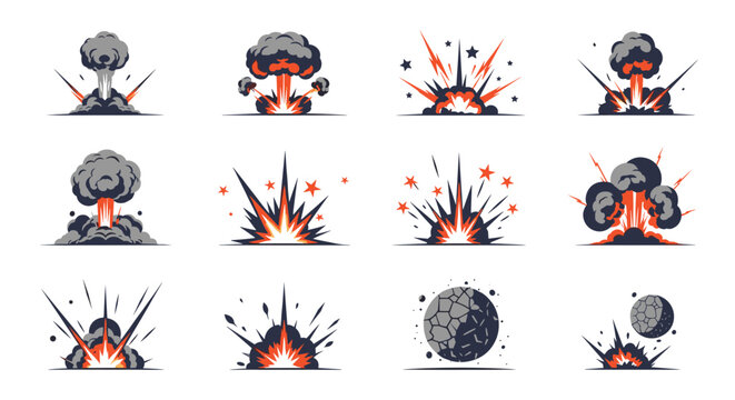 Collection of cartoon explosion effects showing fire, smoke, and debris for use in comic books, games, or action-themed designs.