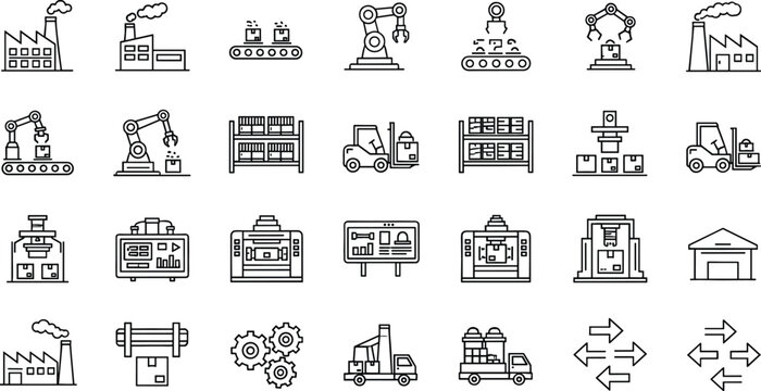 Industrial manufacturing and factory automation line icon set featuring robotics assembly lines, warehouse storage, delivery trucks and production technology