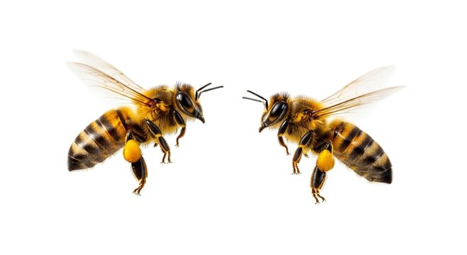Two honey bees flying towards each other in midair with transparent wings and yellow pollen baskets on their legs isolated on white background