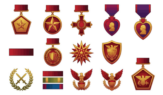 Military Medals and Awards Vector Set, Army Decorations, Valor Badges, Honor Insignia Collection