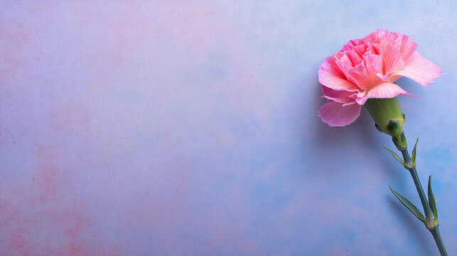 A single delicate pink carnation flower with green stem rests on a soft pastel purple and blue textured background