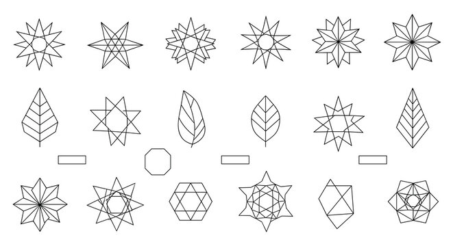 Set of geometric star patterns, stylized leaf shapes, and simple polygons in a modern minimalist outline style.