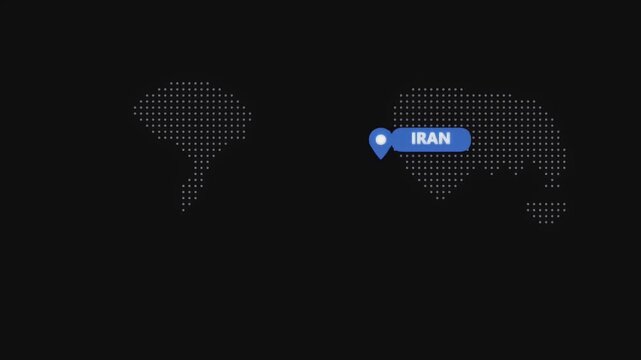 Digital world map animation featuring a blue location pin and text label identifying the country of Iran