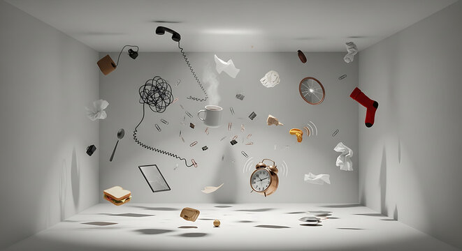 Floating household objects in a surreal minimalist room.
