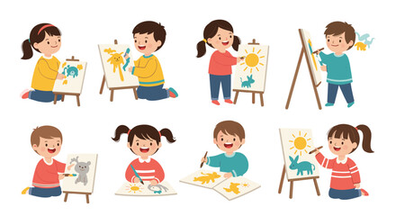 Fototapeta premium Group of eight creative children happily painting and drawing colorful pictures on wooden easels and in notebooks in an art class.