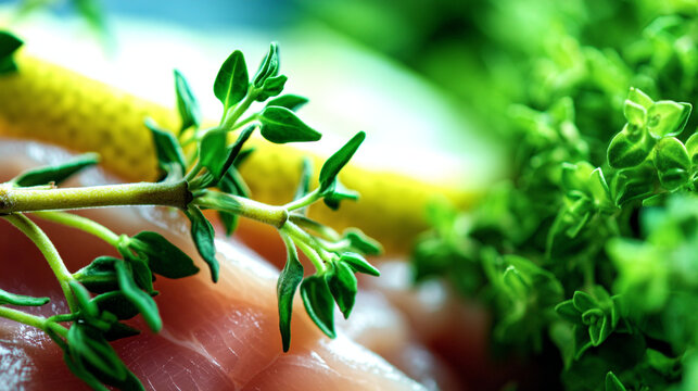 Fresh green thyme herb sprigs with blurred lemon slice and raw chicken or fish in background, raw food