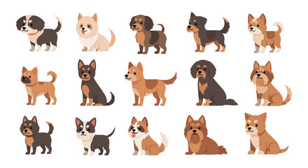 Fototapeta premium Set of diverse dog breed illustrations shows various small and medium sized canines in a simple and colorful flat design style.