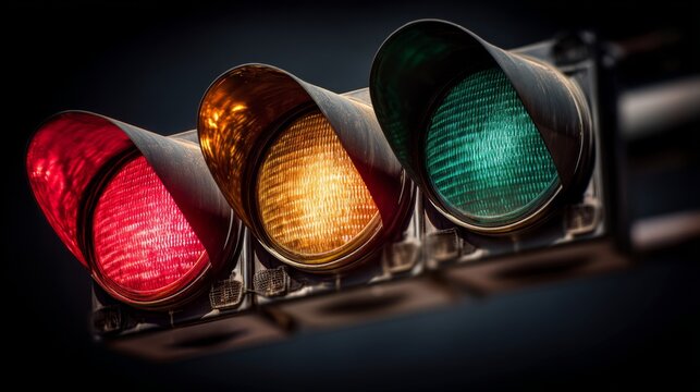 Close-Up View of Traffic Light with Red, Yellow, and Green Lights Signaling for Safe Road Navigation and Urban Traffic Management