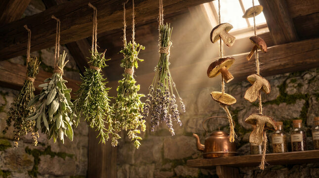 Dried herbs and mushrooms hanging in rustic kitchen with warm light  