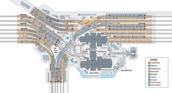 Detailed map of a complex railway station with many tracks and platforms.