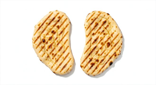 Two grilled naan breads with grill marks on a white background, isolated on white background