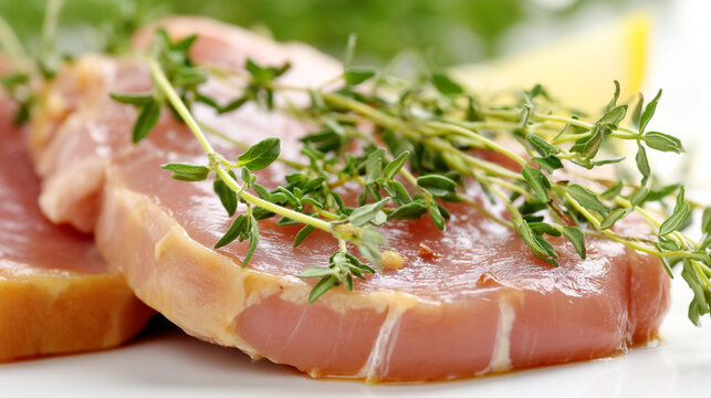 Close-up of raw pork chops or chicken thighs seasoned with fresh thyme sprigs red meat meal preparat