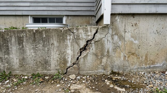 Concrete foundation wall cracked house exterior