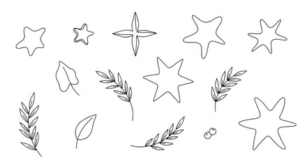 Fototapeta premium Coastal nature and botanical elements line art including starfish and leaf branches for summer graphic designs.