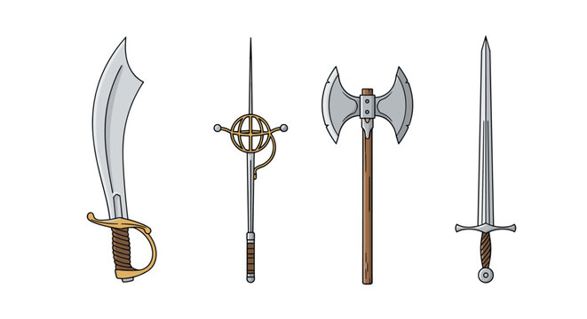 Set of four historical bladed weapons includes a curved scimitar a slender rapier a heavy battle axe and a sharp longsword.