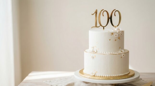 Two-tier cake with 100 topper on cake stand