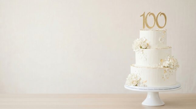 Three-tier white cake with gold 100 topper, flowers on stand