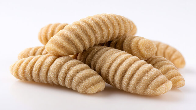 Pile of traditional ridged italian almond paste cookies dessert on white background with light brown