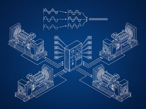 Data center generator synchronization logic and industrial multi genset orchestration for predictive grid resilience blueprint cyanotype illustration no text