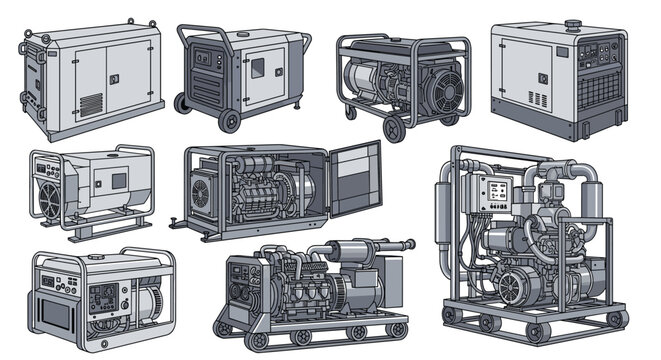 Comprehensive set of portable and industrial power generators shows different models of backup electricity supply equipment.