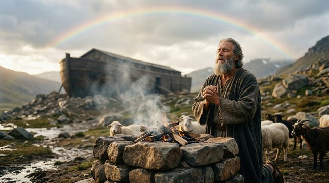 Noah kneeling at a stone altar near ark under rainbow