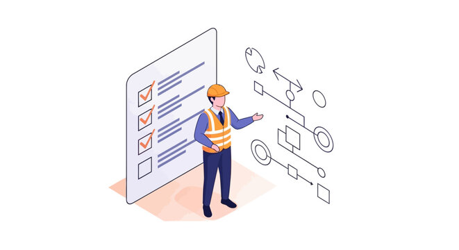 Engineer reviewing workflow checklist and system diagram, quality control concept illustration.
