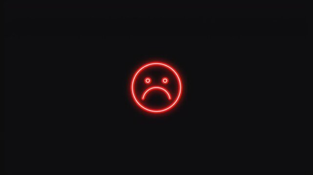 Red glowing neon sad face icon flickering with a vibrant light effect to express negative emotions and depression