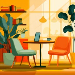Fototapeta premium Cozy cafe scene with two chairs and a table during daytime in a bright and warm atmosphere
