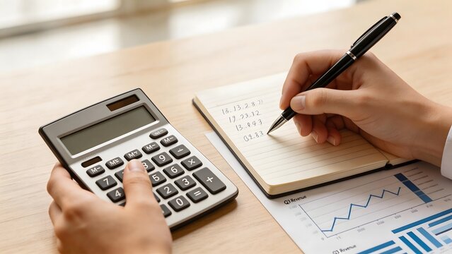 Person calculating with calculator and writing