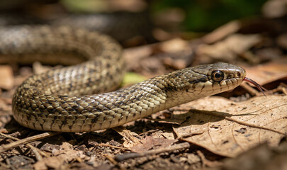 Obraz premium Ultra-realistic close-up of a St. Lucian racer snake slithering across dry Caribbean forest ground