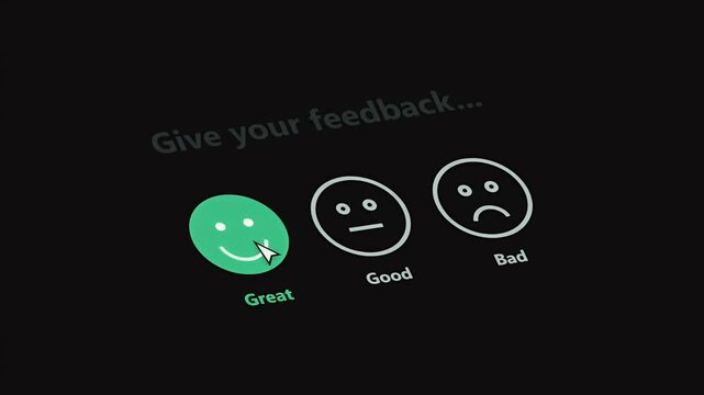 A computer mouse cursor clicks on a green happy smiley face icon to provide great customer feedback on a website.