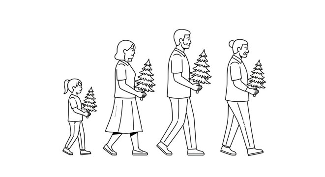 People of different ages walking with small pine trees for reforestation