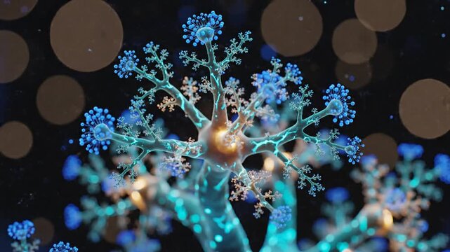 Glowing Neural Tree Illustration With Blue Branches and Bokeh Background.