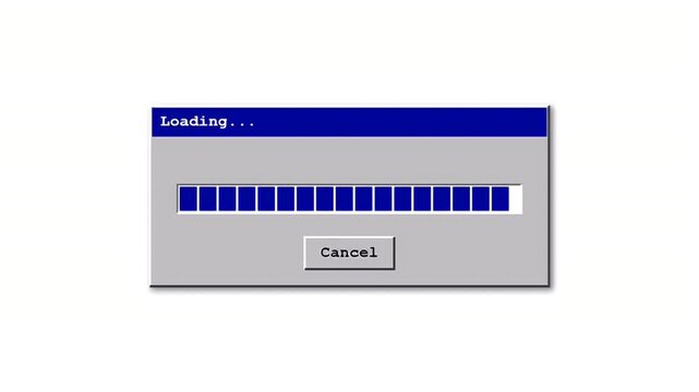 Retro computer interface loading dialog box with a blue progress bar filling up and a cancel button