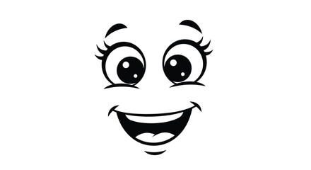 Cheerful cartoon face expression with large expressive eyes and a wide happy smile isolated on a clean white background.