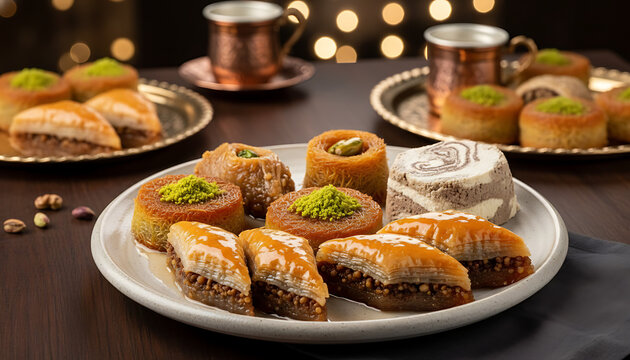Assorted traditional middle eastern pastries on a white plate
