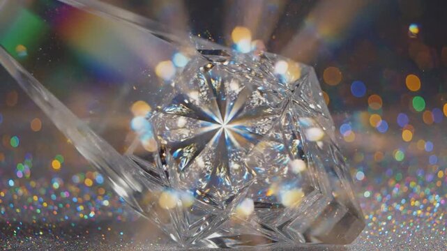 Close Up Crystal Ball Ornament with Sparkling Bokeh Lights and Shimmering Reflections.