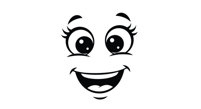 Cheerful cartoon face expression with large expressive eyes and a wide happy smile isolated on a clean white background.