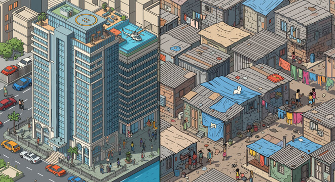 Isometric skyscraper city street view with rooftop helipad and cars