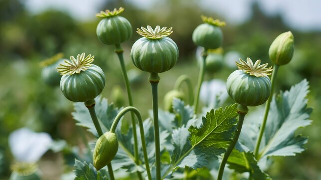 Green opium poppy seed pods growing in nature