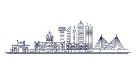 Obraz premium Mumbai city skyline illustration with Gateway of India and station landmark